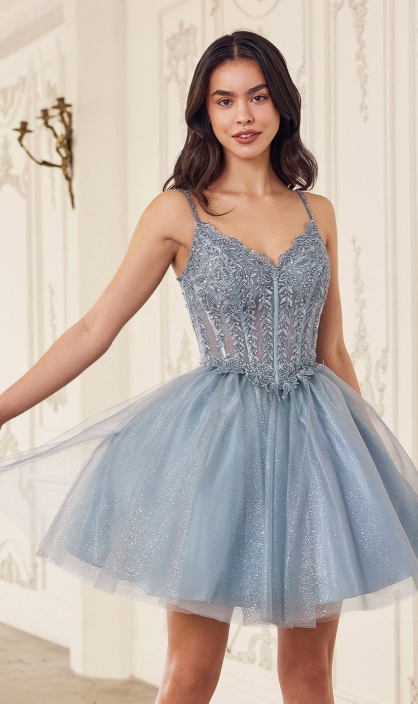 A woman in the Ladivine Embroidered Lace Homecoming Dress CD0236, a light blue sleeveless tulle dress, stands indoors against an ornate white wall.